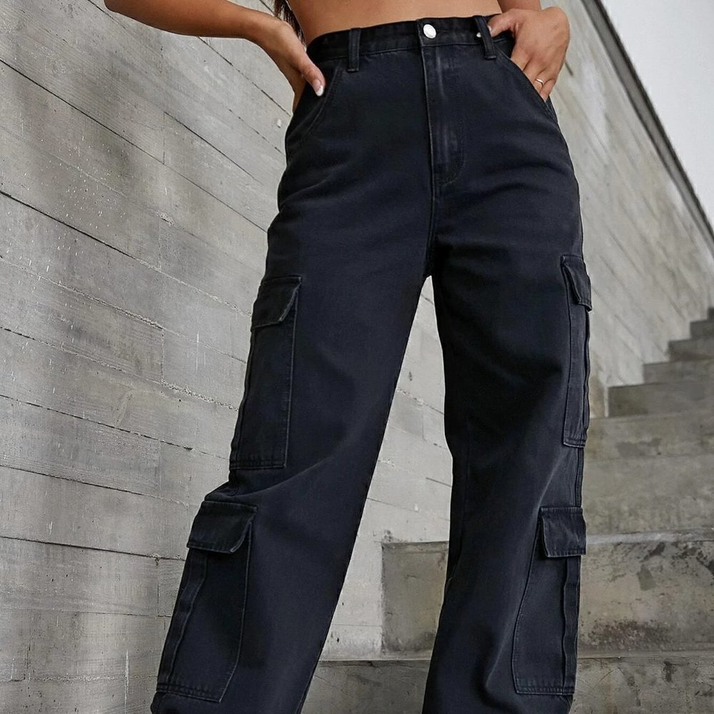 Black Casual Womens Zipper Fly Flap Pocket Boyfriend Jeans - Picture 2 of 5